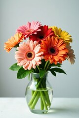 Fototapeta premium Gerbera daisies in a glass container with greenery, vase, glass