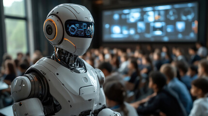 Humanoid robot teaching children in a futuristic classroom filled with holographic screens