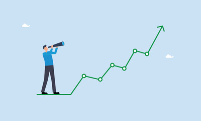 Business growth or earning increase concept, economy prediction or forecast, vision or analyze future, investment upside potential, businessman look through telescope to see investment growing graph.