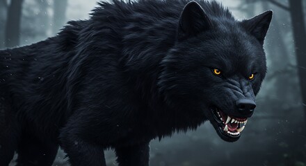 Menacing Black Wolf Growling with Golden Eyes in Dark Forest