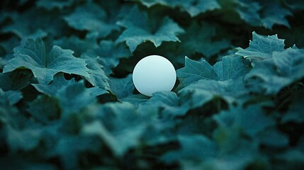 Spherical Object Surrounded by Lush Green Leaves in a Natural Setting with Dim Lighting