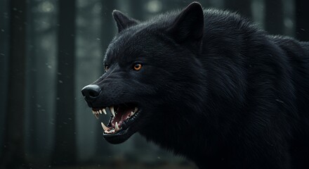 Ferocious Black Wolf Growling in Dark Forest Wildlife Portrait
