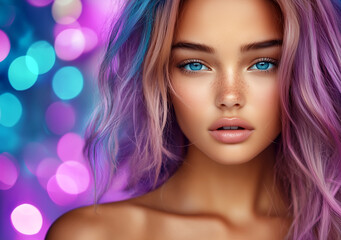 Fototapeta premium Woman with purple hair and blue eyes is the main focus of the image