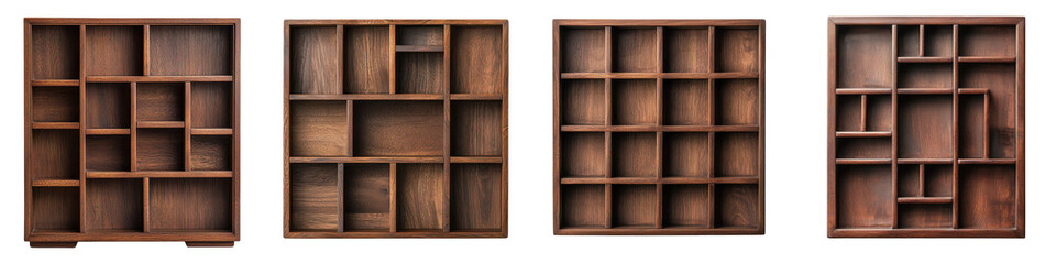 Modular wooden shelving system with various compartments and cubbies for organized storage display and decorative arrangement in a modern interior setting