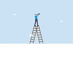 Success ladder for business opportunity, eadership discovery or searching for success concept, looking for new job or career path, smart businessman stand up ladder look through telescope visionary.