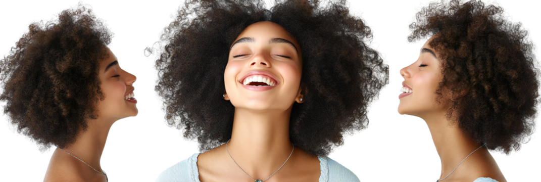 Smiling Young Woman with Voluminous Curly Hair, Isolated on Transparent Background