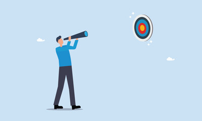 Search for business target or goal, discover purpose or find strategy to reach goal or destination concept, mission or objective to achieve, businessman look through telescope to find target or goal.
