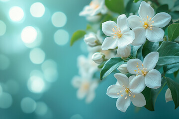 Fototapeta premium White jasmine flowers on soft pastel background create serene atmosphere