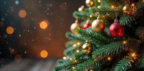 Glittering golden Christmas tree branch with ornaments and ribbons against sparkling background, winter wonderland, , christmas tree