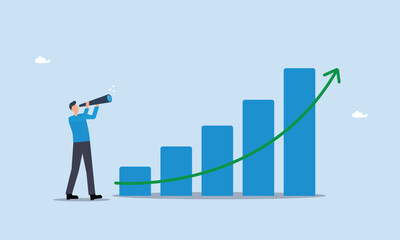 Economic growth forecast, increase profit or earning improvement concept, GDP prediction or business vision to grow investment or business, businessman look on telescope on growth chart diagram.