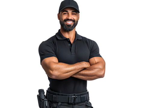 Smiling Muscular Security Guard with Arms Crossed, Isolated on Transparent Background - Powered by Adobe