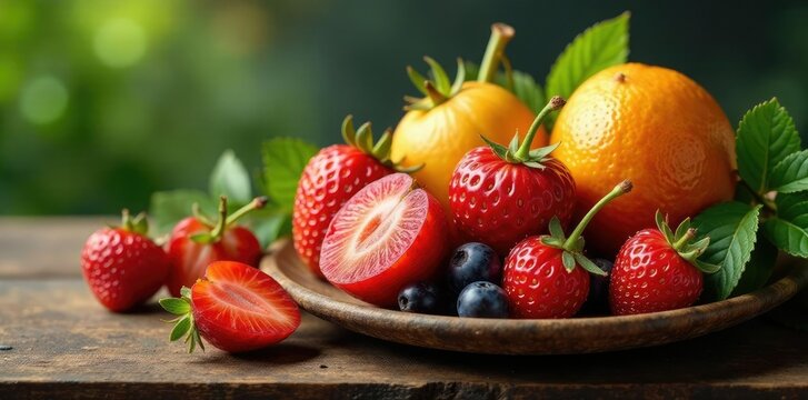 Tropisches Obst arrangement auf einer Schiefertafel, frucht, himbeeren, heidelbeeren