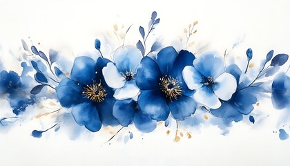 Watercolor blue flower border on white background