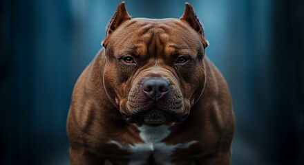 Portrait of Muscular Pit Bull Dog with Brown Fur and Serious Gaze