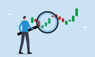 Technical analysis trader to analyze stock market or crypto currency data movement, buy and sell indicator chart concept, trend analysis to take profit, businessman trader magnify candlestick chart.