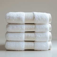 A neatly folded soft white towel stack, ultra-realistic fabric textures, white background --no background