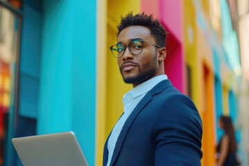 Fototapeta premium Confident businessman holding laptop, standing against vibrant colorful background.