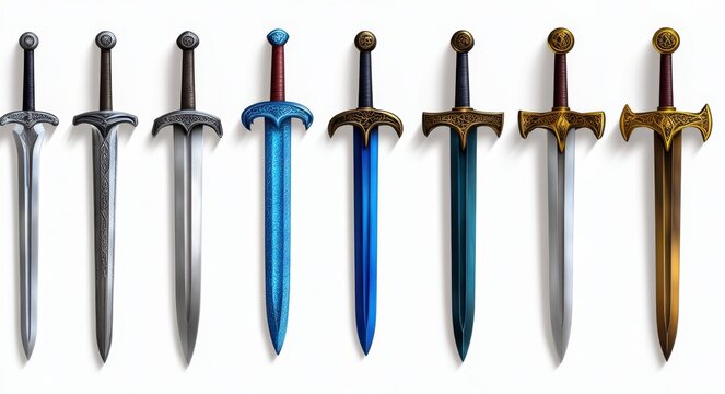 Eight fantasy swords with various metal finishes displayed against a plain background. Swords feature intricate details and different color palettes