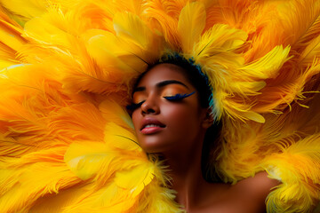Brazilian samba dancer performing with energy, vibrant costume flowing with movement, colorful feathers enhancing rhythmic expression, celebrating carnival spirit.