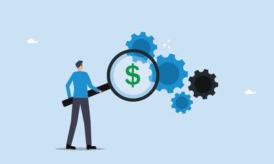 Optimize cost and expense for better profit strategy concept, reduce cost and time to maximize better quality result, cost effective, businessman with magnifier dollar money from cog gear production.
