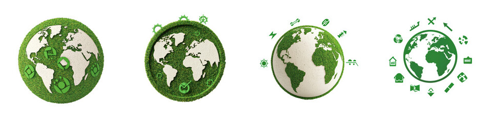 Sustainable Global Earth Symbols Representing Environmental Conservation and Renewable Energy Solutions  Green leaves and plants forming the shape of the world map