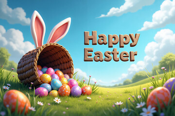 A whimsical scene with a basket adorned with bunny ears spilling colorful Easter eggs onto a lush, flower-dotted meadow under a bright blue sky, celebrating Easter.