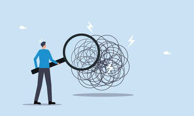 Analyze problem finding solution or opportunity, discovery or search, root cause analysis or troubleshooting concept, look for details to solve problem, businessman analyze mess with magnifying glass.