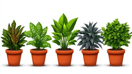 Obraz premium Five potted houseplants in terracotta pots against a plain background. Plants vary in color and foliage, including green, yellow, and purple hues
