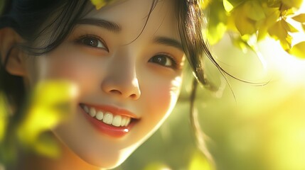 Fototapeta premium An asian woman smiling. A chinese girl is happy. Woman is up close and embracing. A smiling woman of asian descent lifestyle.