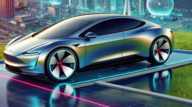 Futuristic electric car concept featuring advanced technology and sleek design showcased in a modern city environment
