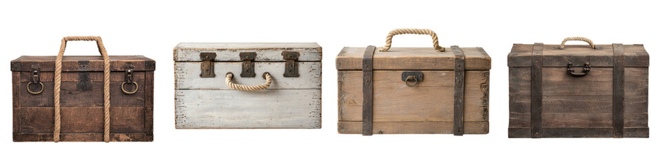 A collection of vintage antique and rustic wooden trunks chests and suitcases displayed as decorative artifacts evoking a sense of nostalgia and from the past