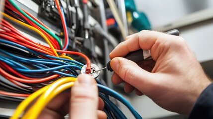 Damaged cables being repaired by a technician in a clean, modern office. Featuring electrical restoration and repair