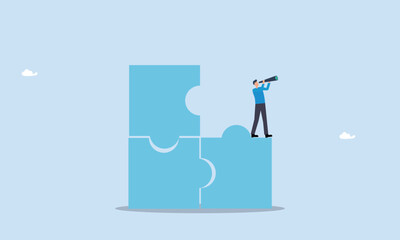 Leadership mission or business difficulty concept, finding solution or search for last missing piece to finish or complete work, businessman standing on uncompleted jigsaw looking for missing piece.