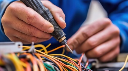 Damaged cables being repaired by a technician in a clean, modern studio. Featuring electrical troubleshooting and repair precision