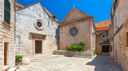 Fototapeta premium Panoramic View of Historic Church in Old Town with Classic Architecture and Scenic Urban Landscape, Traditional Religious Landmark with Vintage European Style
