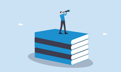 Business skills for career opportunity, businessman climb up ladder on books stack for good vision, knowledge or education for future job, challenge and personal improvement, reading list concept.