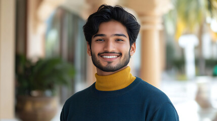 Fototapeta premium Smiling Young South Asian Man in a Stylish Sweater