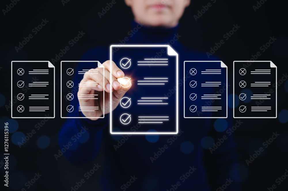 Poster Digital checklist and survey form completion concept. Businesswoman interact with virtual checklist icons, digital forms, survey, data verification, document approval, and business process automation.