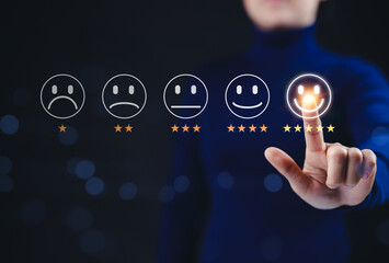 Customer review satisfaction feedback survey concept. User give five-star rating on feedback...