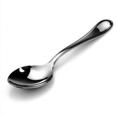 A polished silver spoon with realistic reflections, white background