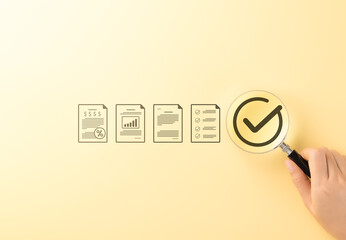 Quality control and certification assurance concept. Magnifying glass over checkmark certification...