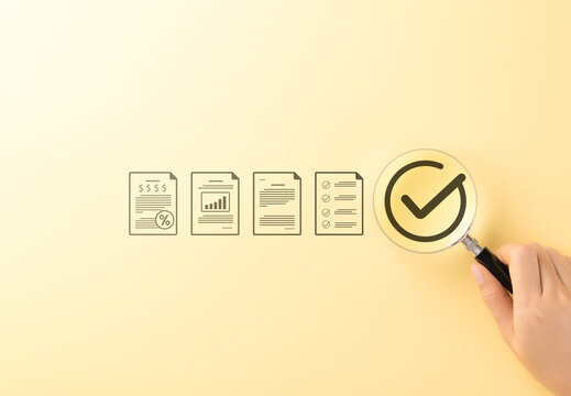 Quality control and certification assurance concept. Magnifying glass over checkmark certification and quality assurance icons, standard compliance, approval, and business quality control. certificate