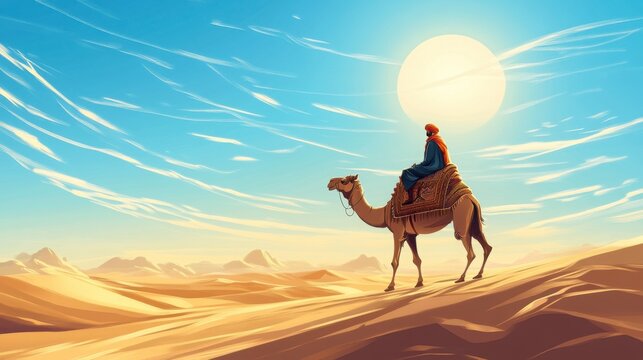 An Arab man riding a camel across a vast desert, with the scorching sun and a clear blue sky