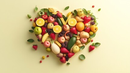Heart-shaped fruit arrangement on pale background.  Possible use Healthy eating, nutrition