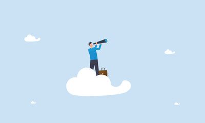 Smart businessman riding high cloud holding telescope or binocular to search for business visionary, leadership vision to see company strategy to achieve target concept. Vector
