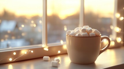 Marshmallows in a cup by window at sunset