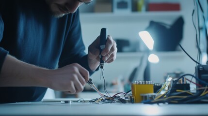 Fototapeta premium Damaged cables being repaired by a technician in a minimalist office space. Featuring precision repair and electrical troubleshooting