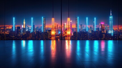 Fototapeta premium Night city skyline view, office, neon, reflection