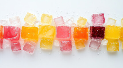 Colorful ice cubes arranged in line, featuring various fruit flavors and textures, creating refreshing and vibrant display. Perfect for summer drinks or parties