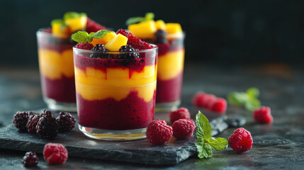 Delicious berry and mango parfaits in glass jars, layered with vibrant colors and garnished with mint leaves, perfect for refreshing dessert